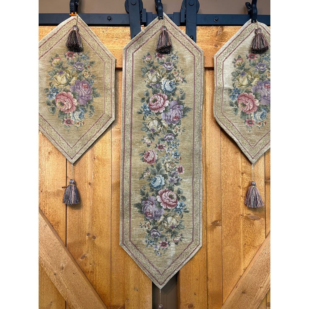 Table Runner Set of 3 Tassels Tapestry Floral
